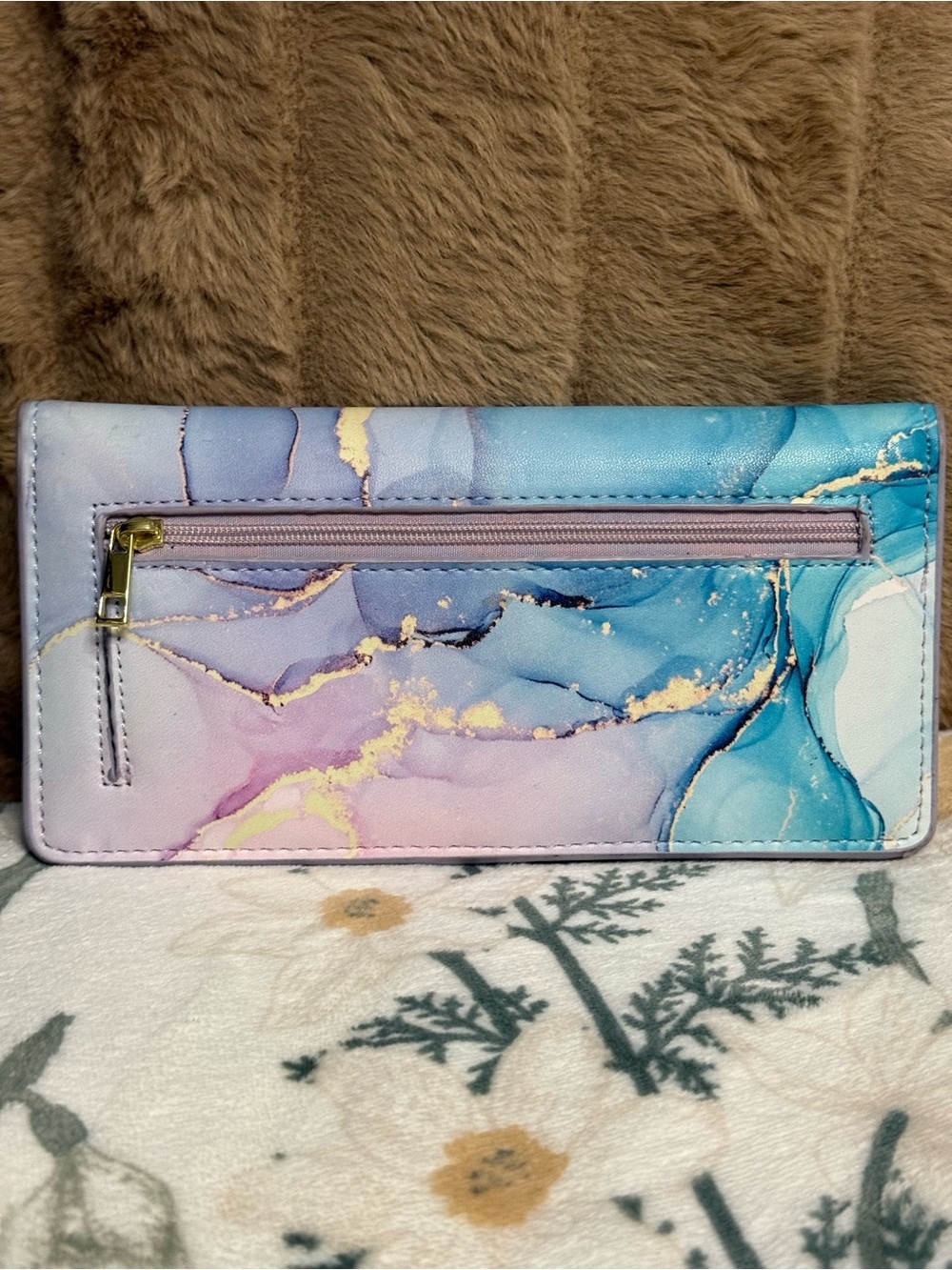 Simikol Pastel Marble Gold Fluid Art Slim Checkbook Bifold Clutch Wallet - Picture 3 of 4